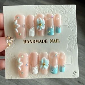 Handmade Nude Pink & Aqua 3D Floral Press-On Nails